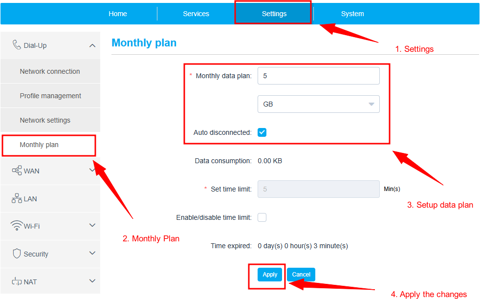 Alcatel router setup. Set monthly plan